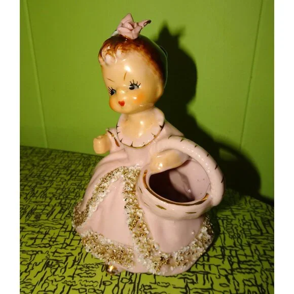 Vintage Ucagco Ceramic Women in Pink Dress w/ Basket Figurine antique lady - Picture 7 of 16